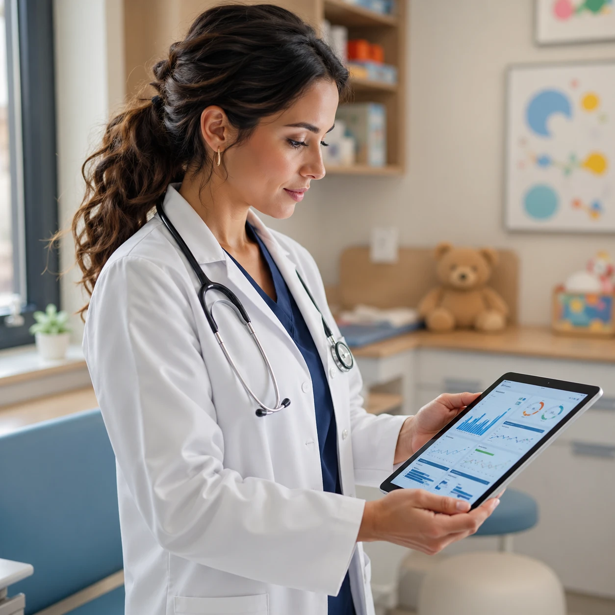 Pediatric clinician reviewing laboratory data on a tablet in a modern clinical office
