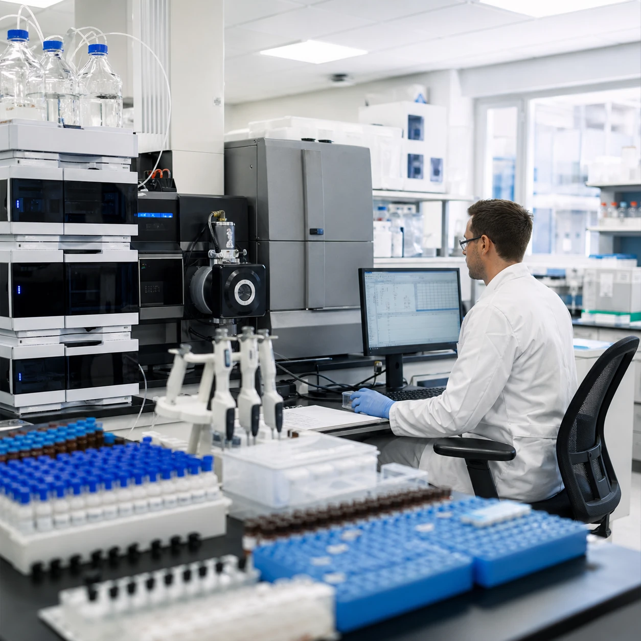 Modern CLIA-certified clinical laboratory with analytical chemistry equipment