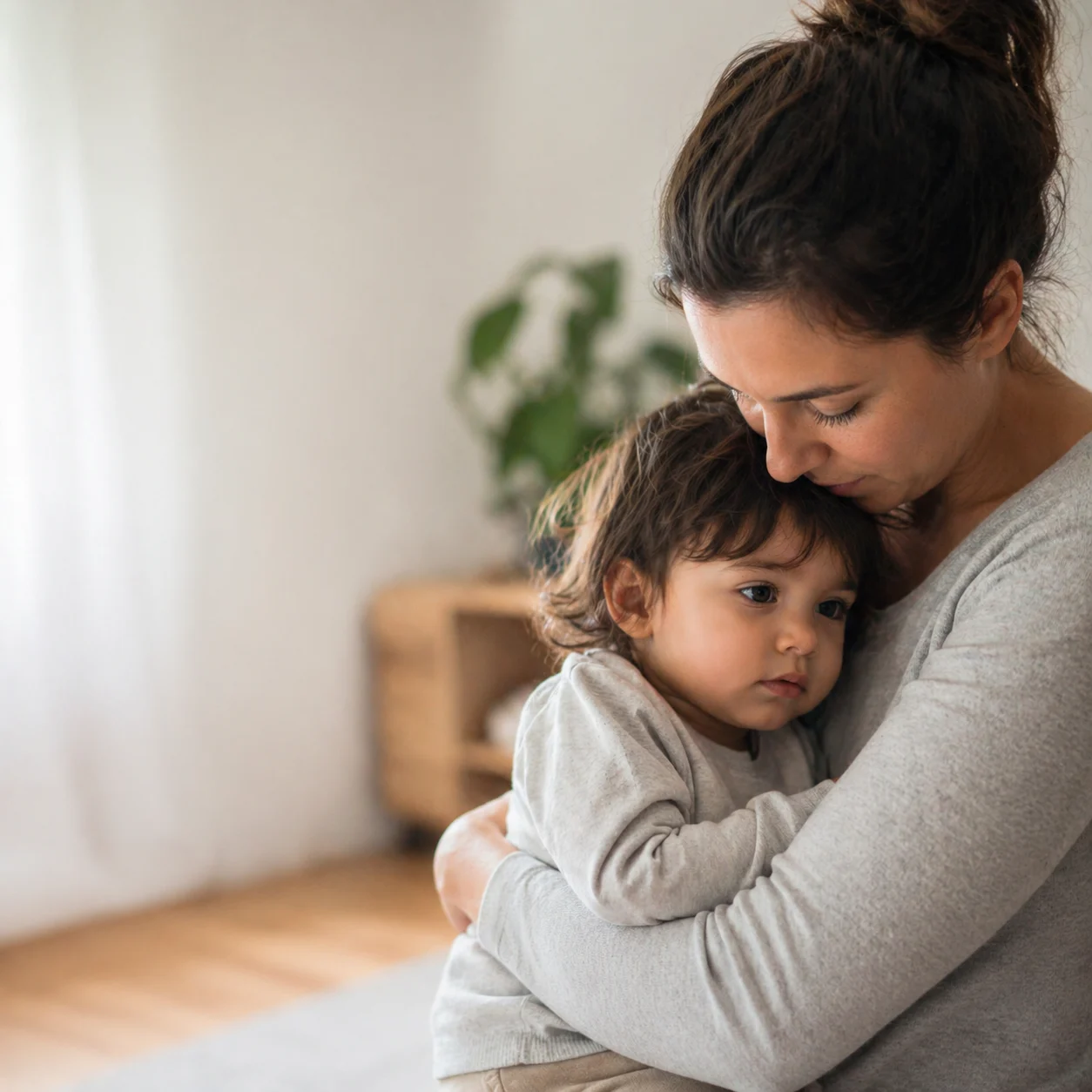 Parent holding toddler in a moment of quiet worry and love