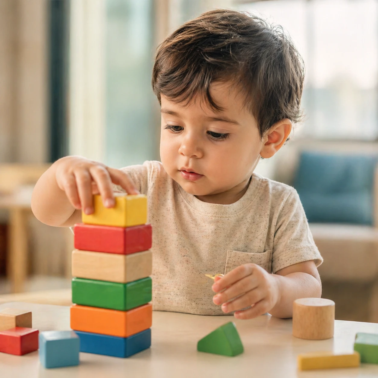 Child playing with wooden blocks — exploring developmental patterns