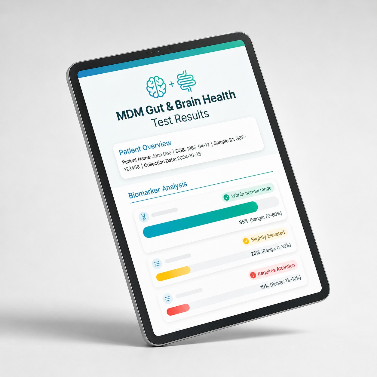 Sample MDM Gut & Brain Health Test results report on tablet
