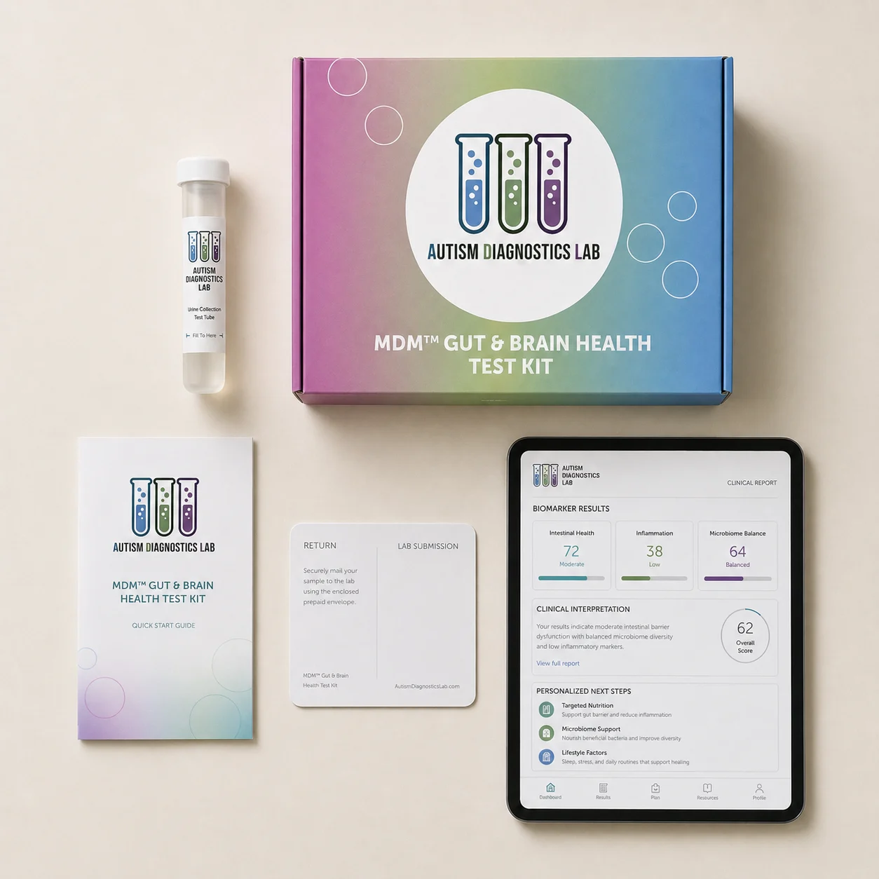 MDM Gut & Brain Health test kit shown flat with contents