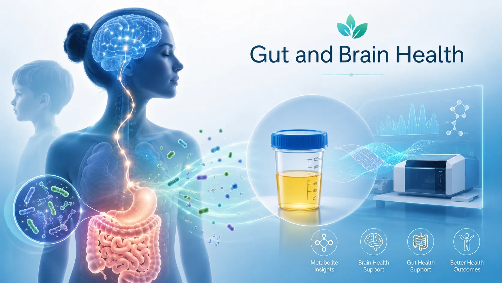 Illustration of the gut-brain connection: gut microbiome, a urine sample, and lab analysis for the MDM Gut and Brain Health Test
