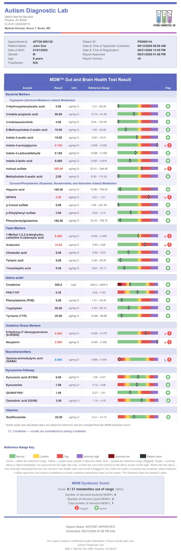 Sample MDM Gut and Brain Health Test Report